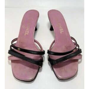 Chanel Mules Pink & Black Kitten Heel Gold CC Logo Strappy Y2K Size EU 36 6
